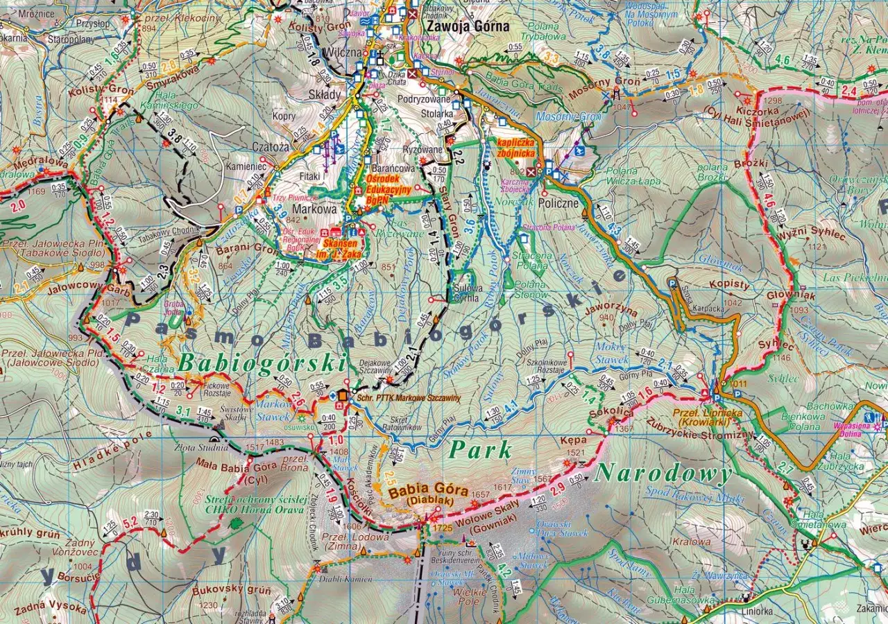 mapa szlaków Babiej Góry z czasami przejścia