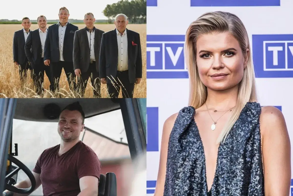Pięciu rolników w garniturach na polu pszenicy, uśmiechnięty rolnik w kabinie traktora i kobieta w błyszczącej sukience. Czy to zapowiedź powtórki