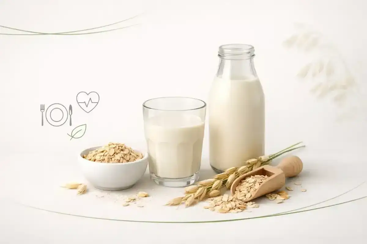 Szklanka i butelka mleka owsianego, miseczka płatk&oacute;w owsianych i kłosy. Czy mleko owsiane ma gluten? Zależy od procesu produkcji.