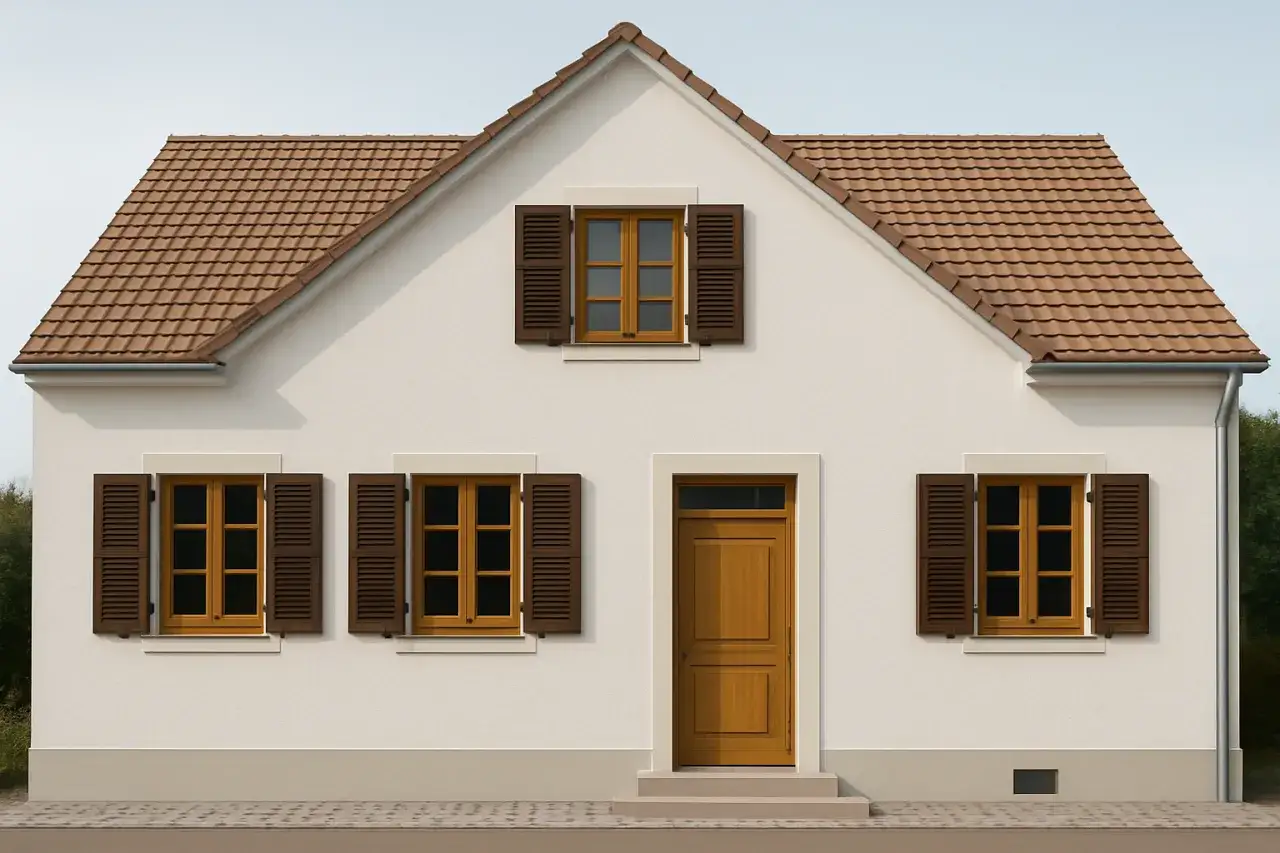 Elewacja domu z brązowymi okiennicami i ramkami wokół okien.