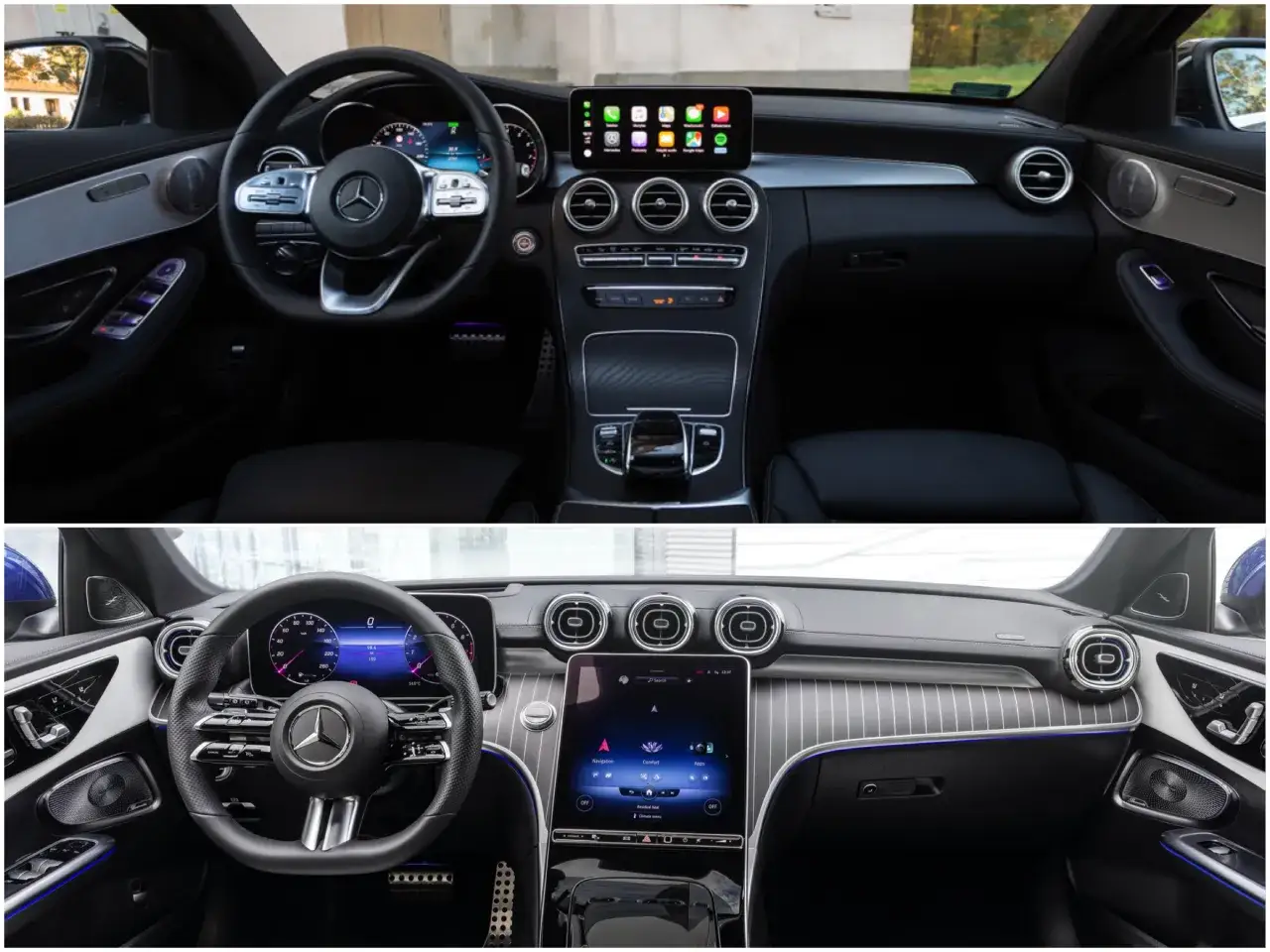 Wnętrze nowoczesnego mercedesa benz klasy c z cyfrowymi zegarami i dużym ekranem multimedialnym.
