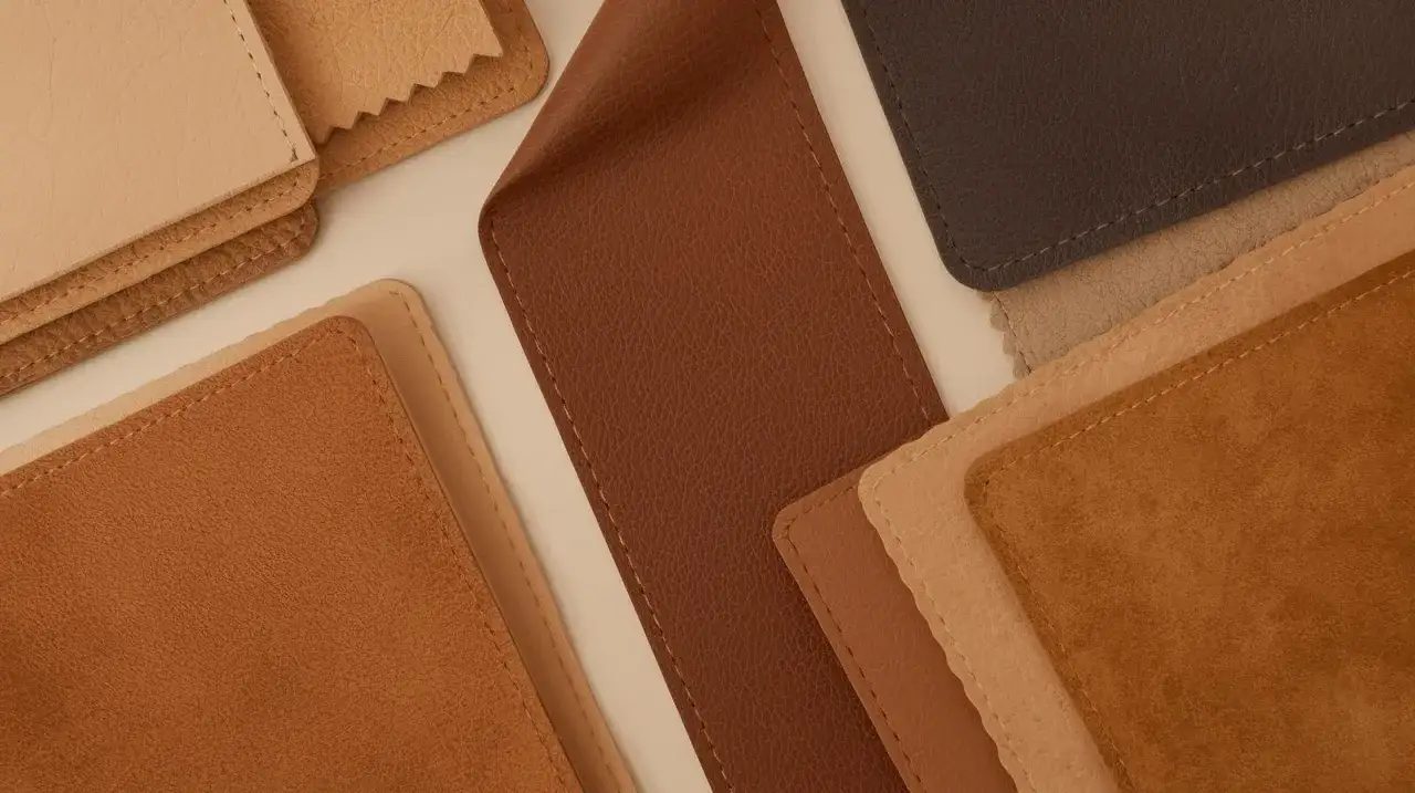 R&oacute;żne rodzaje sk&oacute;ry naturalnej: gładka, zamszowa, w odcieniach brązu i beżu.