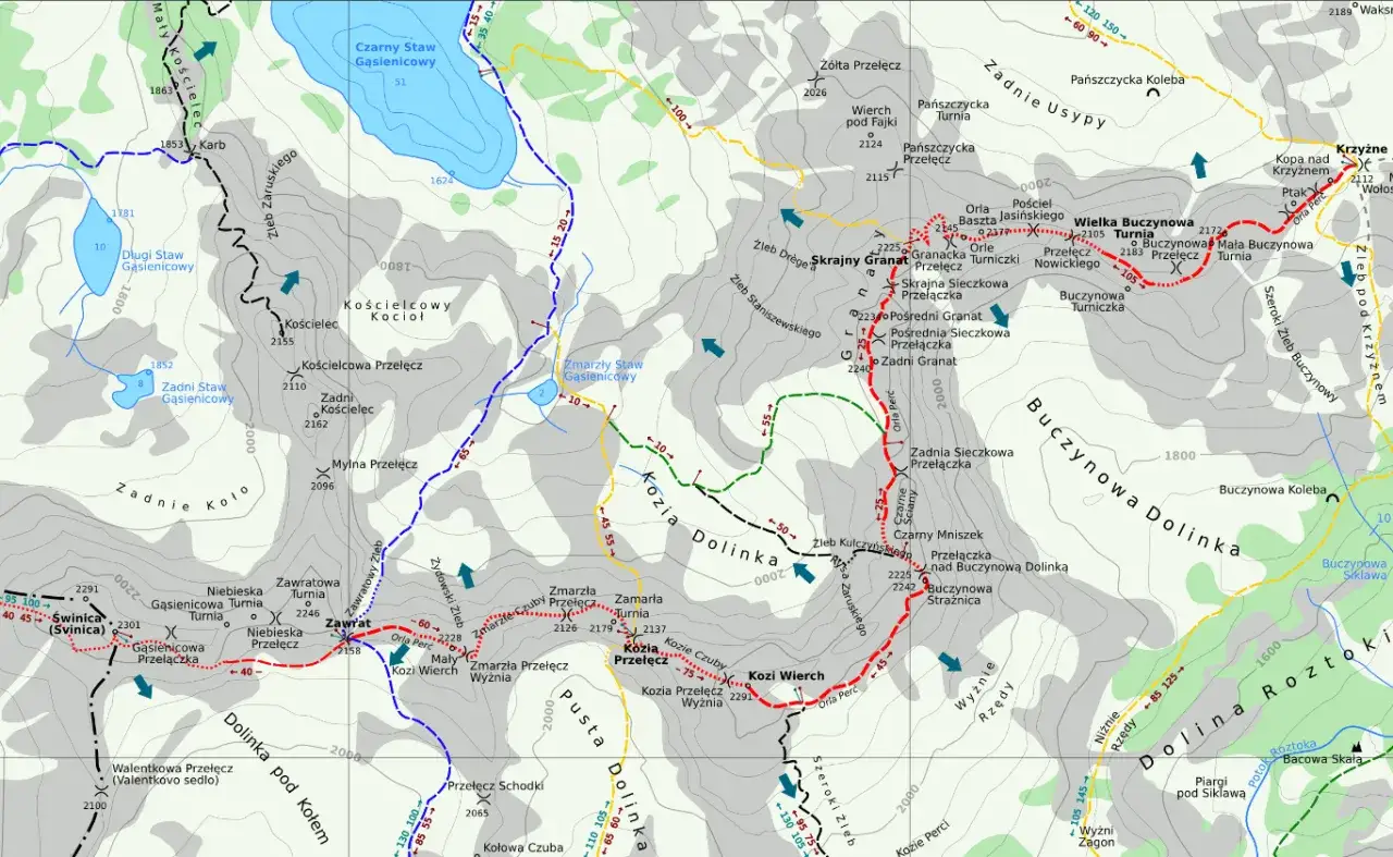 Mapa Tatr z zaznaczonymi szlakami, m.in. w Dolince Kościelcowej i Buczynowej. Widać jeziora i szczyty.
