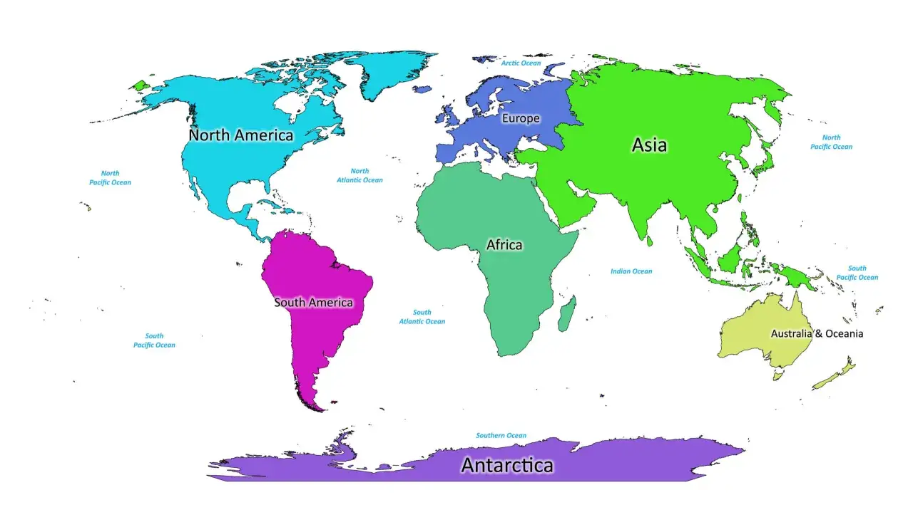 Kolorowa mapa świata z zaznaczonymi kontynentami po angielsku: North America, South America, Europe, Africa, Asia, Australia & Oceania, Antarctica.