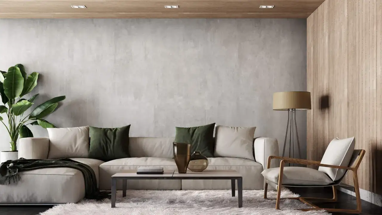 Nowoczesny salon z betonową ścianą, idealny do inspiracji jak pomalować ściany w salonie. Jasna sofa, drewniane akcenty i zieleń roślin.