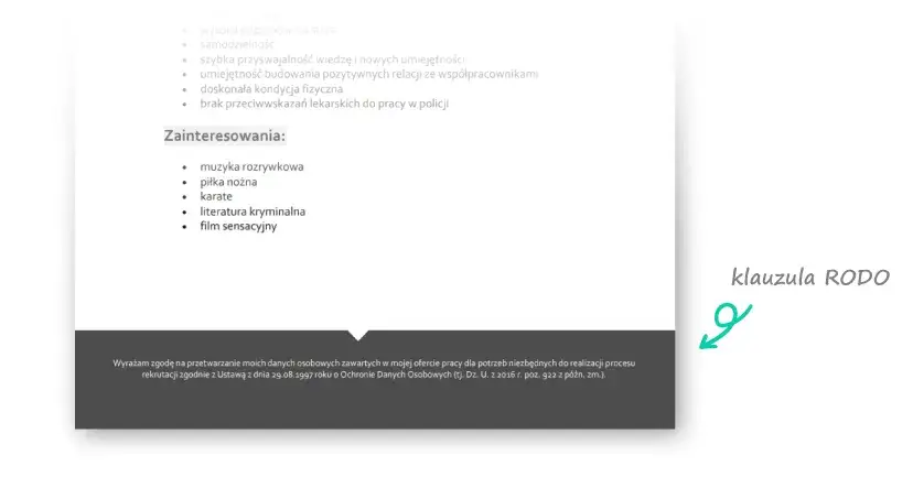 umiejscowienie klauzuli CV stopka