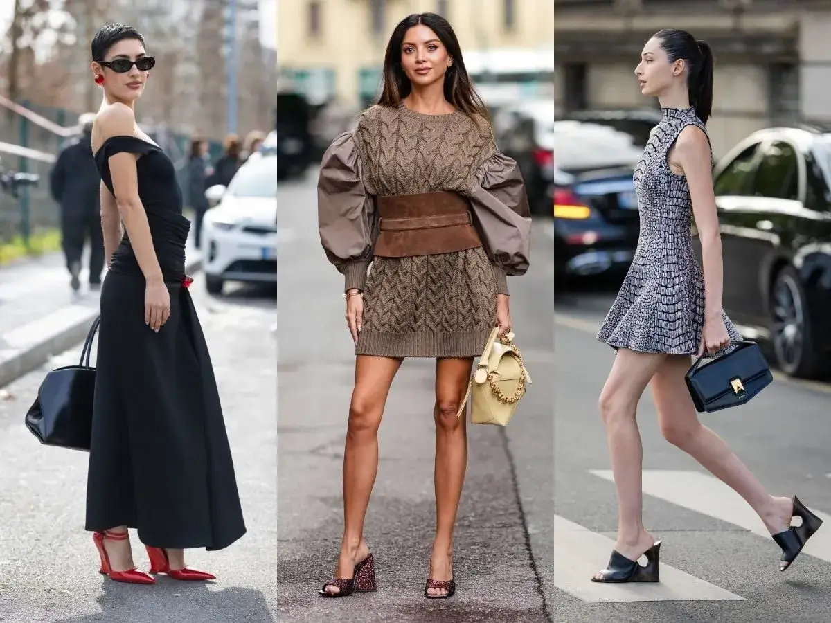 Kobiety prezentują inspiracje: jakie buty do eleganckiej sukienki? Czarna, brązowa i wzorzysta sukienka z r&oacute;żnymi butami i torebkami.