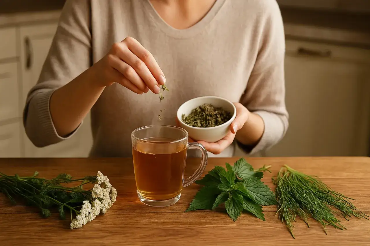 Kobieta dodaje zioła do herbaty. Na stole leżą pokrzywa, krwawnik i koperek &ndash; naturalne wsparcie przy nietrzymaniu moczu.