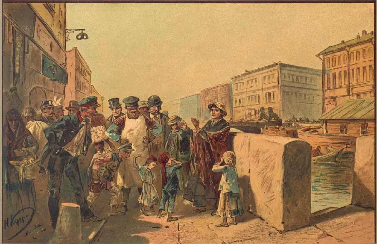 Scena uliczna z ludźmi, odzwierciedlająca motyw winy i kary w Zbrodni i Karze. Dzieci zasłaniają oczy, symbolizując niewinność i szok.