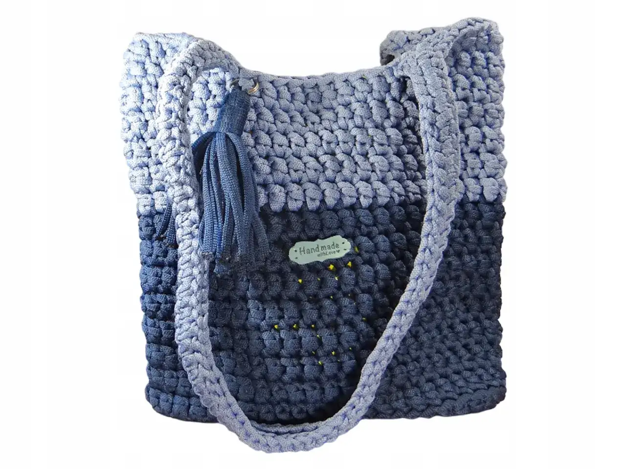 Niebieska, ręcznie robiona torebka ze sznurka, z frędzlem i metką 