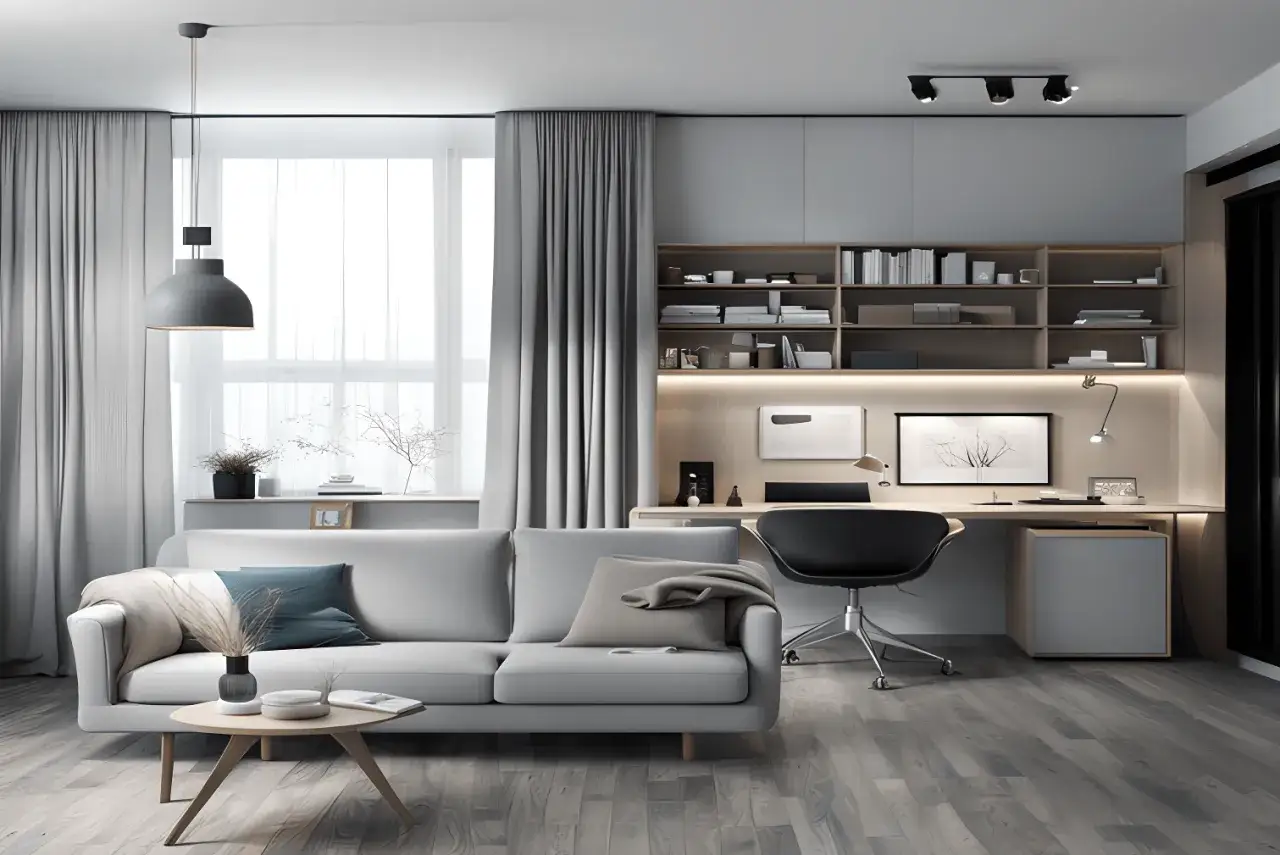 Nowoczesny gabinet w domu z wygodną sofą i biurkiem. Idealne miejsce do pracy i relaksu.