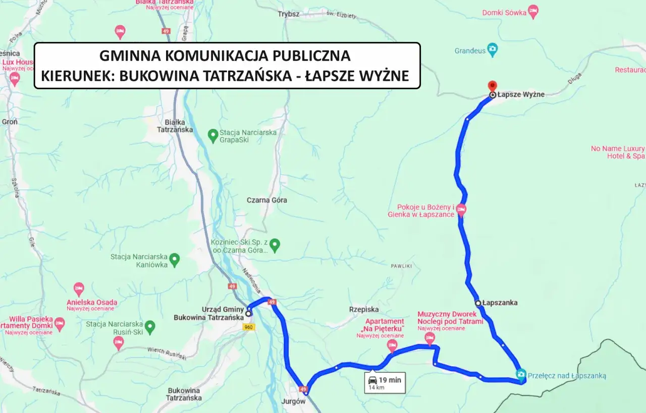 Mapa pokazuje trasę gminnej komunikacji z Bukowiny Tatrzańskiej do Łapsz Wyżnych. Widoczne są stacje narciarskie, urzędy i miejsca noclegowe.
