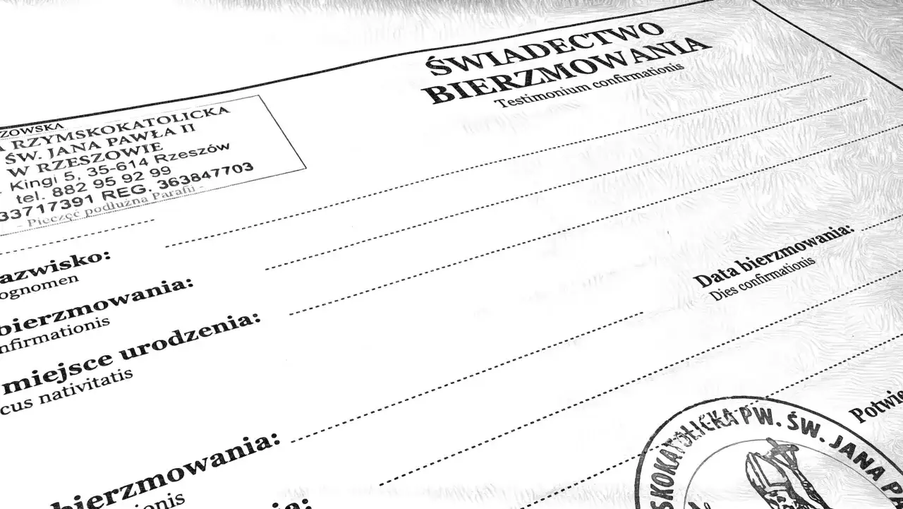 Fragment zaświadczenia o bierzmowaniu z danymi parafii Rzymskokatolickiej pw. Św. Jana Pawła II w Rzeszowie.