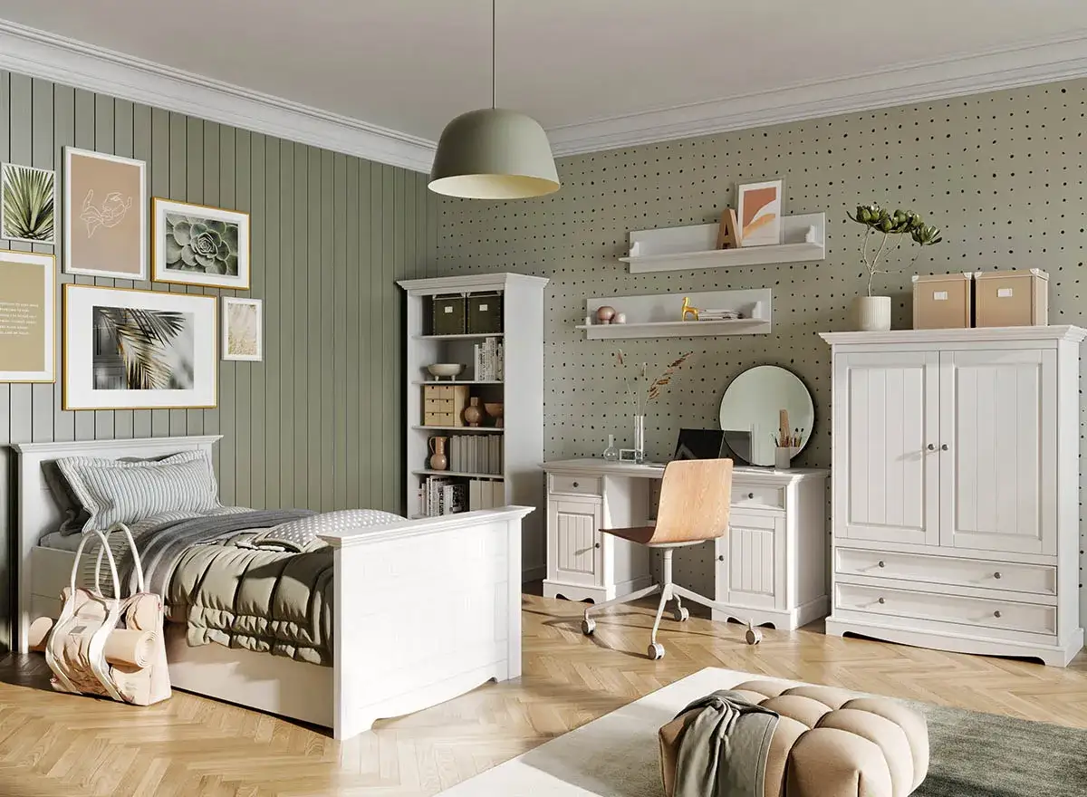 Pokój dla rodzeństwa: łóżko, biurko, szafa i regał. Inspiracja, jak podzielić pokój dla chłopca i dziewczynki.