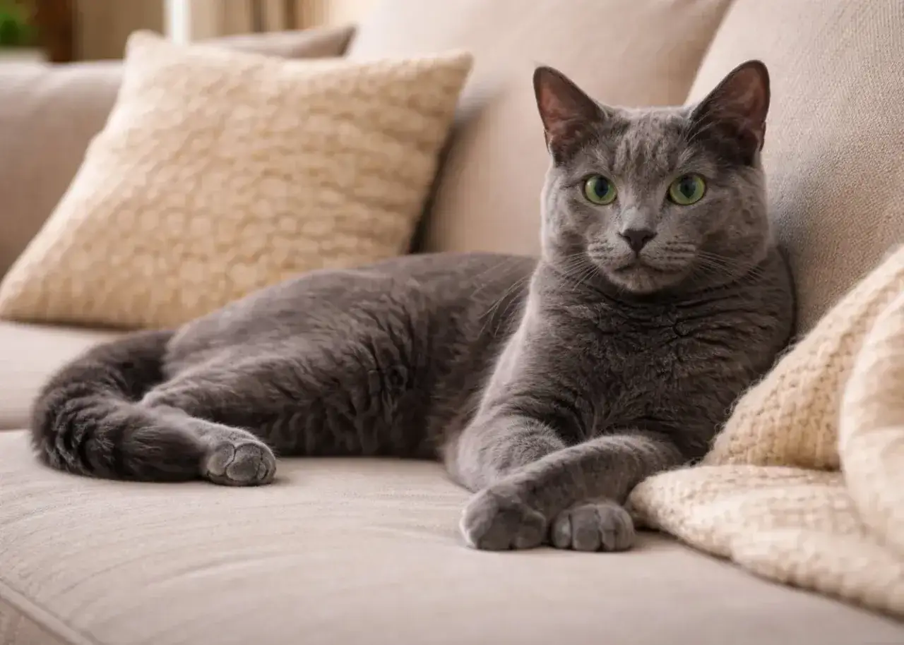 Szary kot o zielonych oczach, zrelaksowany na kanapie, emanuje spokojem, typowym dla kota rosyjskiego charakteru.