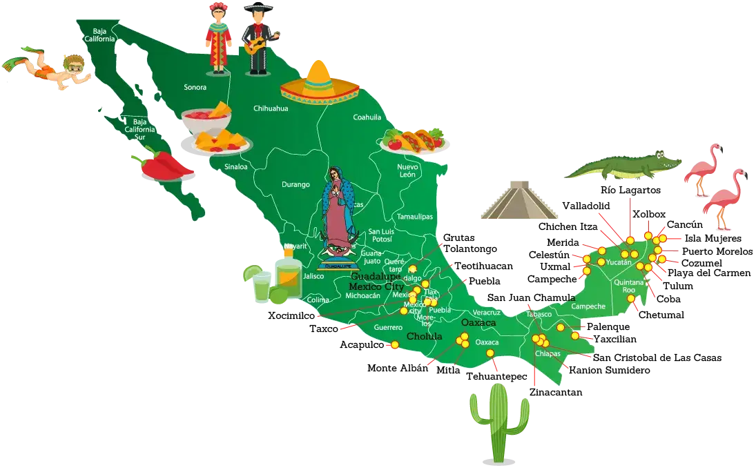 Mapa Meksyku z zaznaczonymi regionami turystycznymi