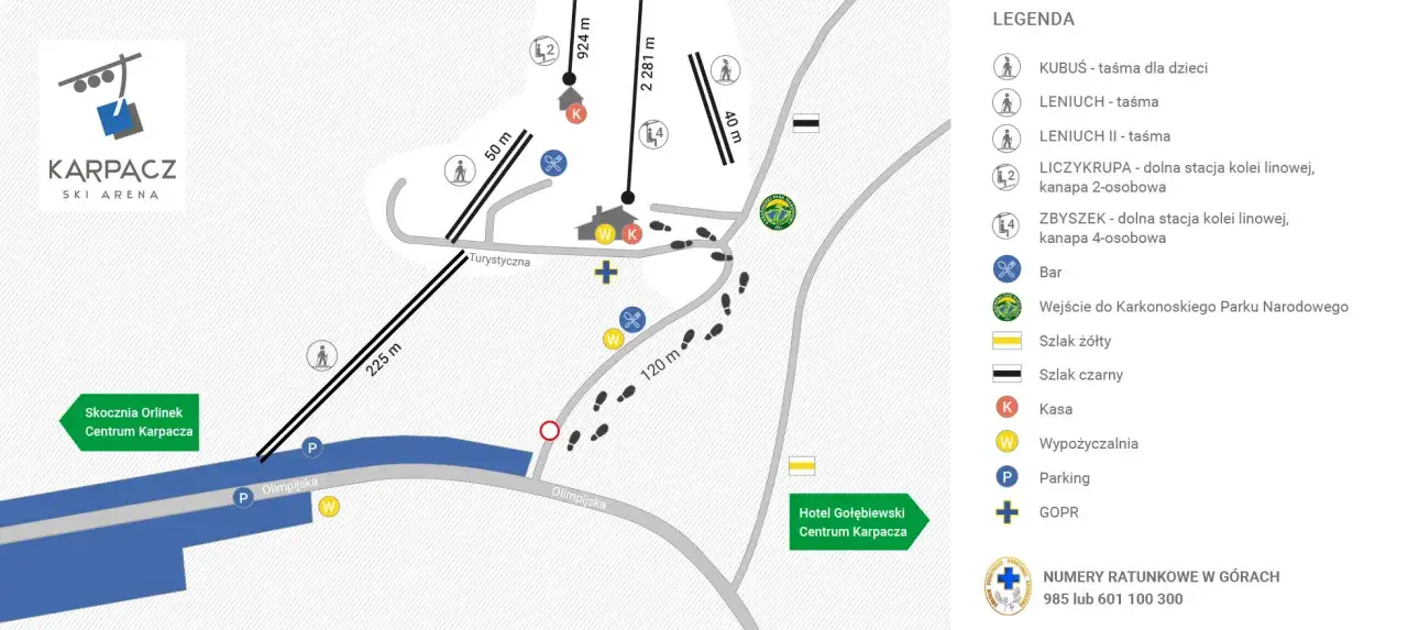 Mapa Karpacz Ski Arena. Plan trasy jakim szlakiem z dzieckiem na Śnieżkę, z zaznaczonymi wyciągami, parkingami i wejściem do KPN.