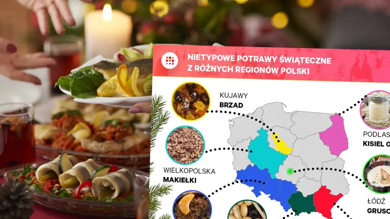 Stół wigilijny z rybą i rolmkami śledzi, obok mapa Polski z nietypowymi ciepłymi daniami na święta.