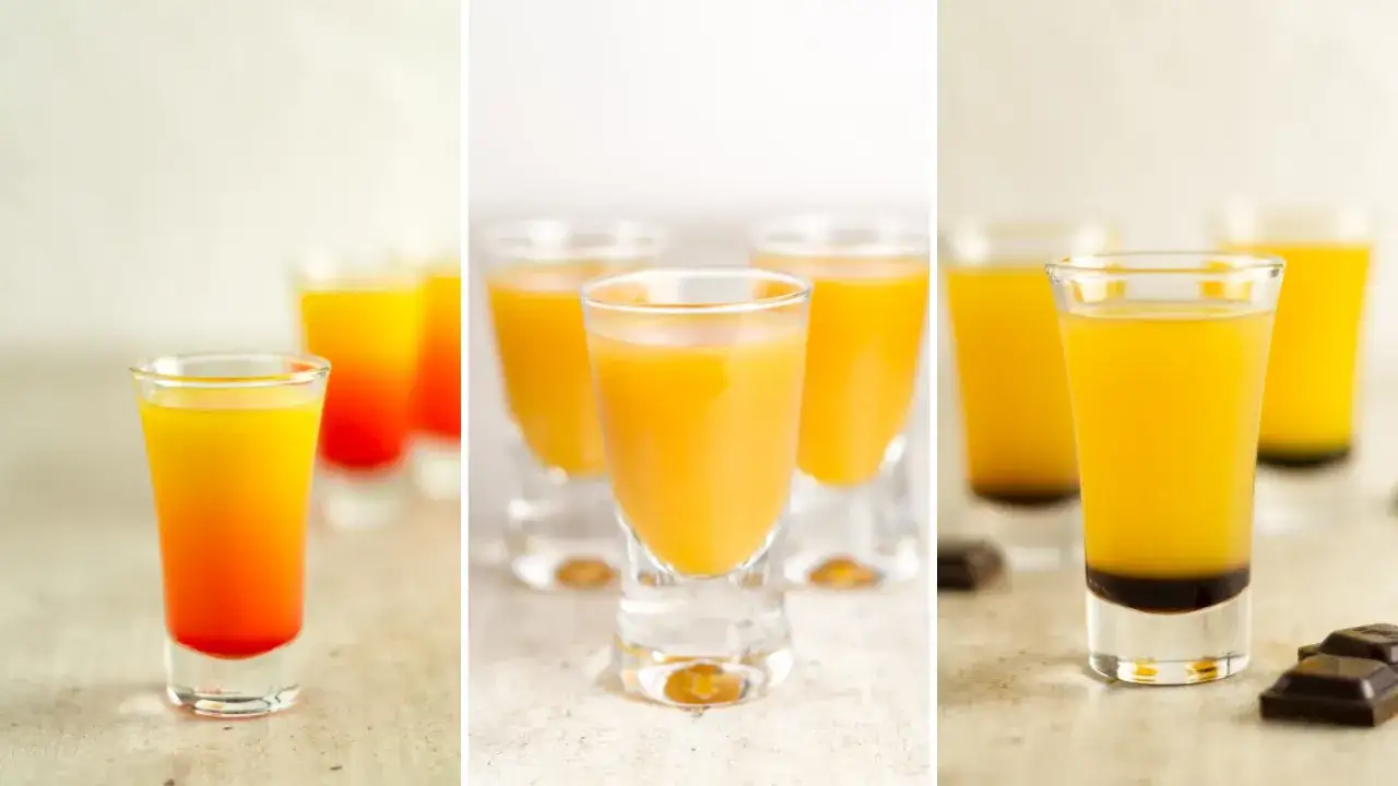 Kolorowe shoty warstwowe kontra shoty mieszane. Widoczne drinki w kieliszkach, jedne z wyraźnymi warstwami, inne jednolite.