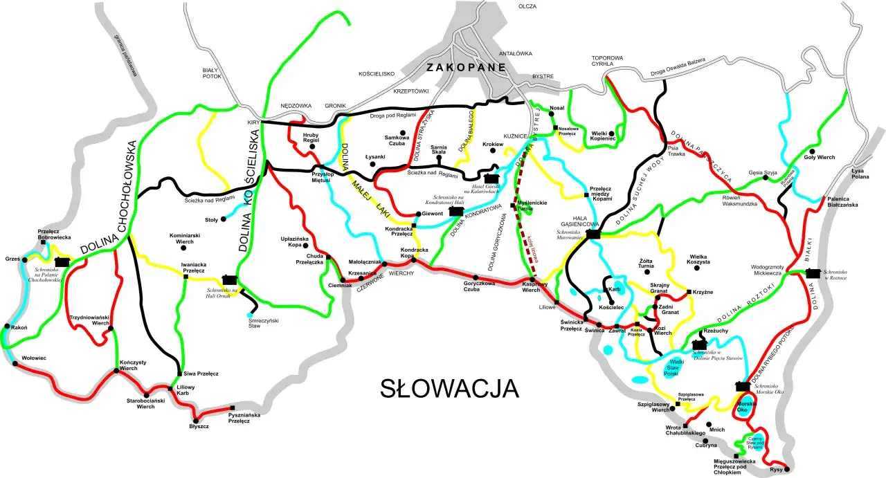 Mapa Tatr z zaznaczonymi szlakami. Co oznacza ż&oacute;łty szlak w g&oacute;rach? Na tej mapie ż&oacute;łty szlak prowadzi do schronisk i przełęczy, np. do Schroniska na Polanie Chochołowskiej.