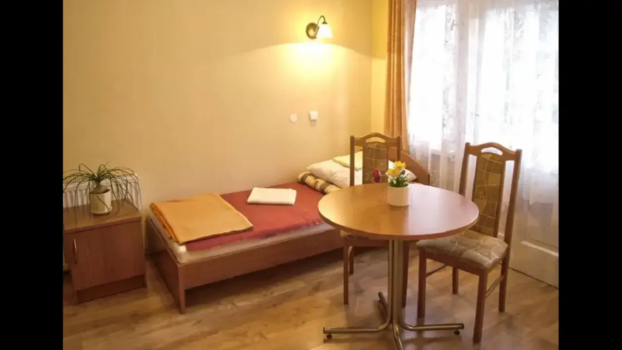 Pok&oacute;j w sanatorium Azalia w Szczawnie-Zdroju: ł&oacute;żko, stolik z krzesłami i kwiatami, szafka nocna z rośliną.