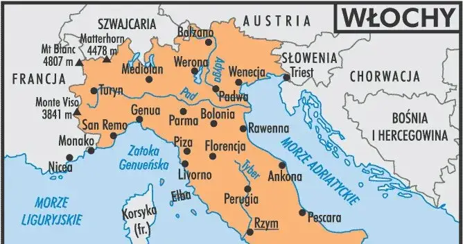 Mapa Włoch wybrzeże Adriatyku i Morza Tyrreńskiego