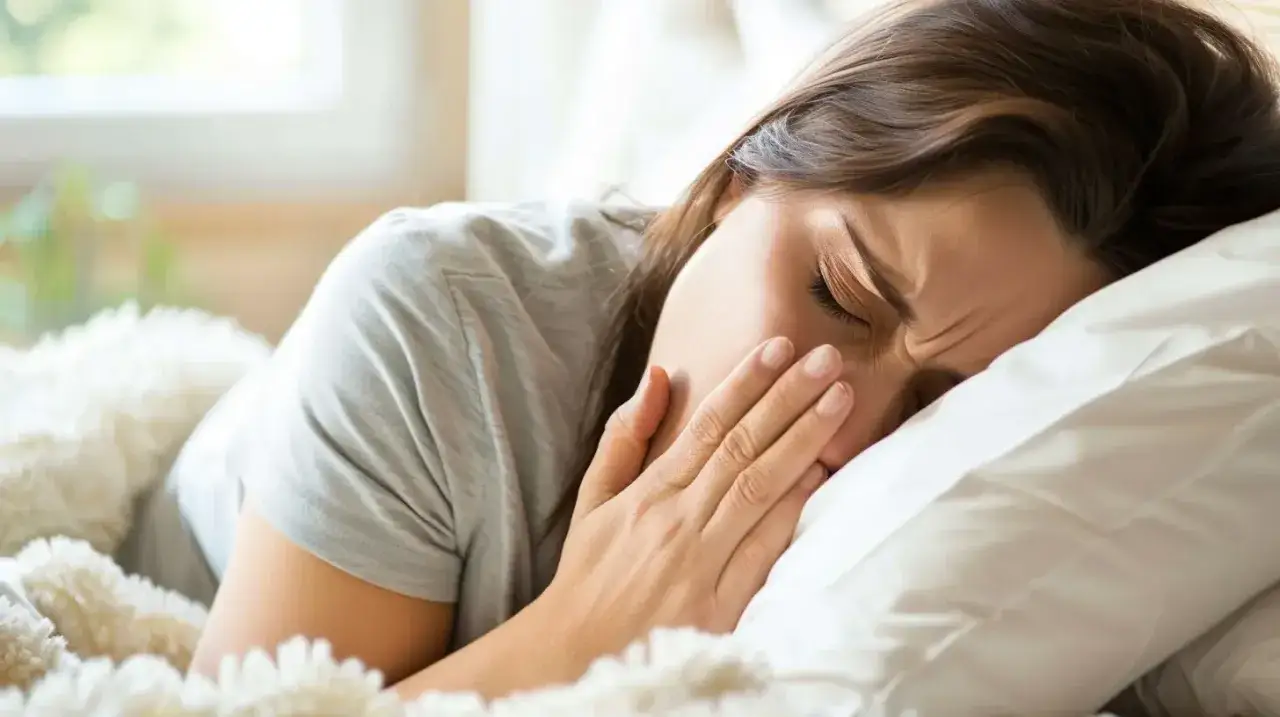 Kobieta w ł&oacute;żku zakrywa usta dłonią, kaszląc. Czy zapalenie płuc jest zaraźliwe?