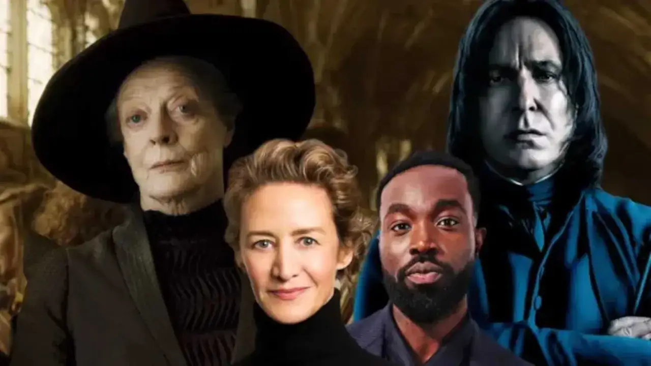 Aktorzy Harry Potter: Maggie Smith jako McGonagall, Alan Rickman jako Snape, a także inni członkowie obsady.