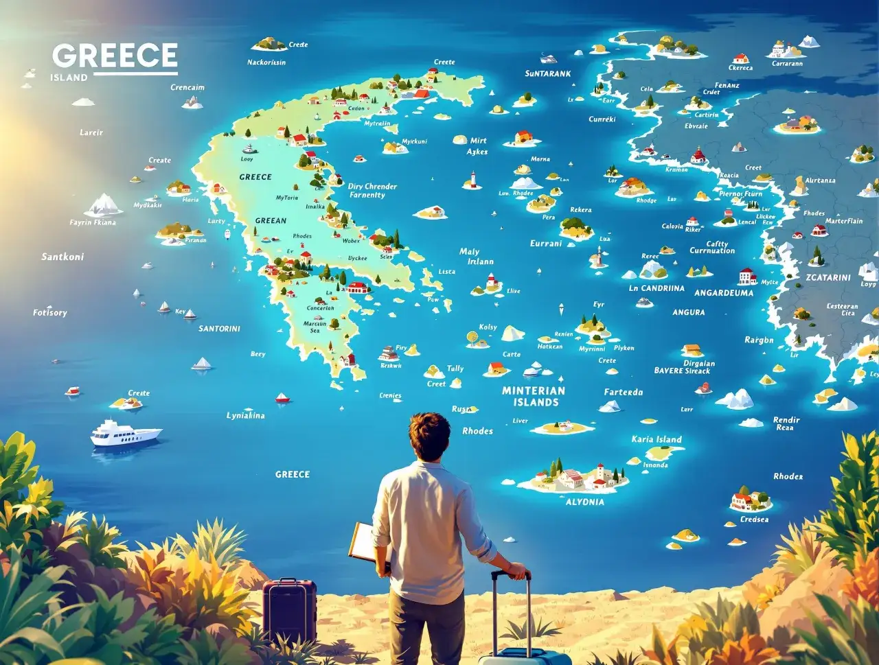Mapa Grecji z licznymi wyspami, od Krety po Santorini. Człowiek z walizką planuje podróż, zastanawiając się, ile jest wysp greckich.