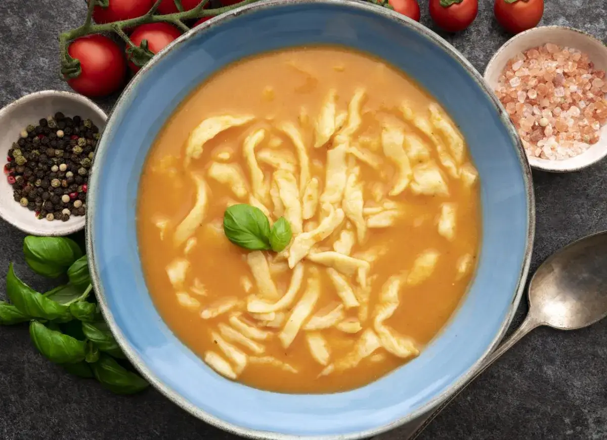 Jak zaprawić zupę pomidorową? Aromatyczna zupa z makaronem, świeżą bazylią, pomidorami, pieprzem i solą.