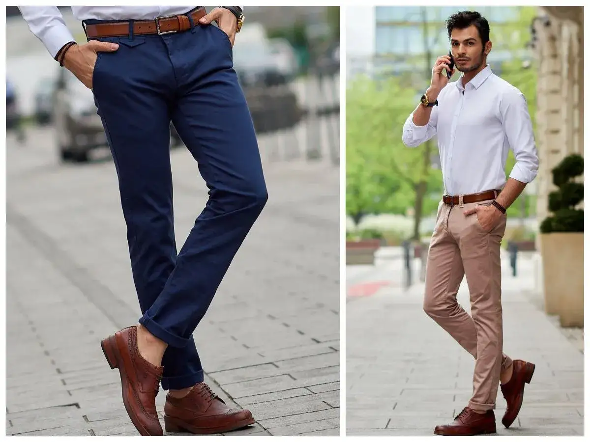 Mężczyzna dobierający spodnie do sylwetki