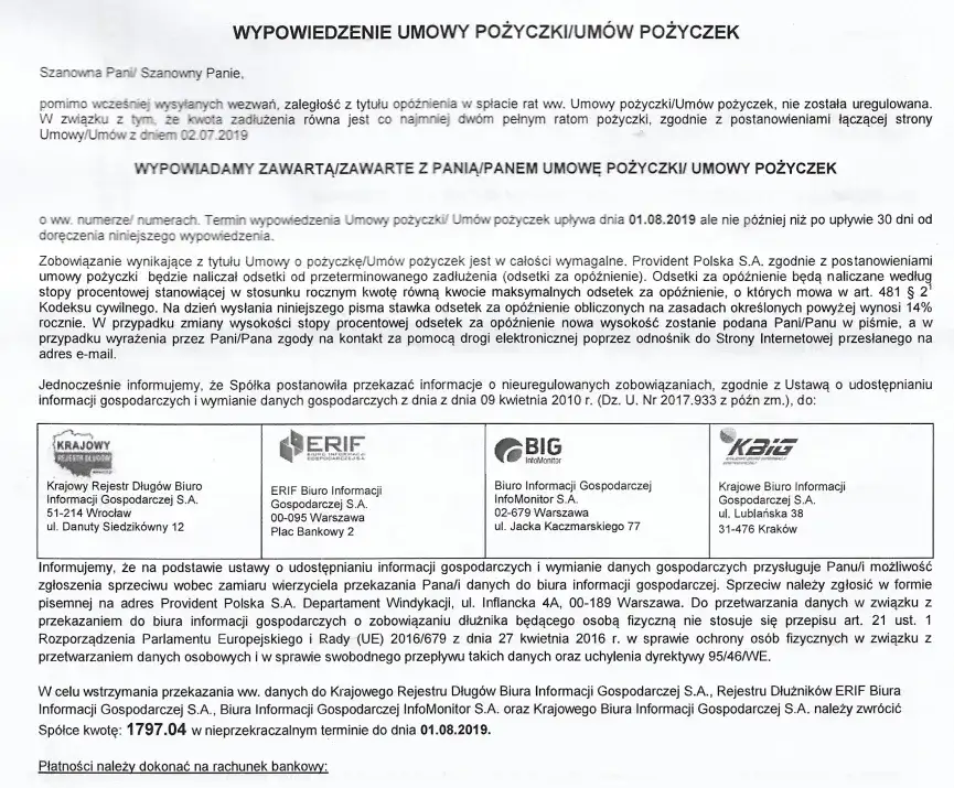 Numer klienta Provident na umowie