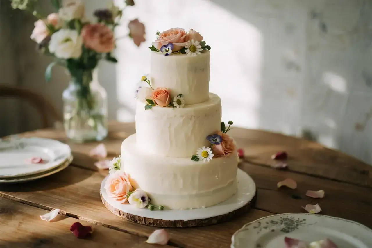 Elegancka, trzypiętrowa dekoracja tortu kwiatami. Delikatne r&oacute;że i stokrotki zdobią kremową powierzchnię, tworząc romantyczną kompozycję.