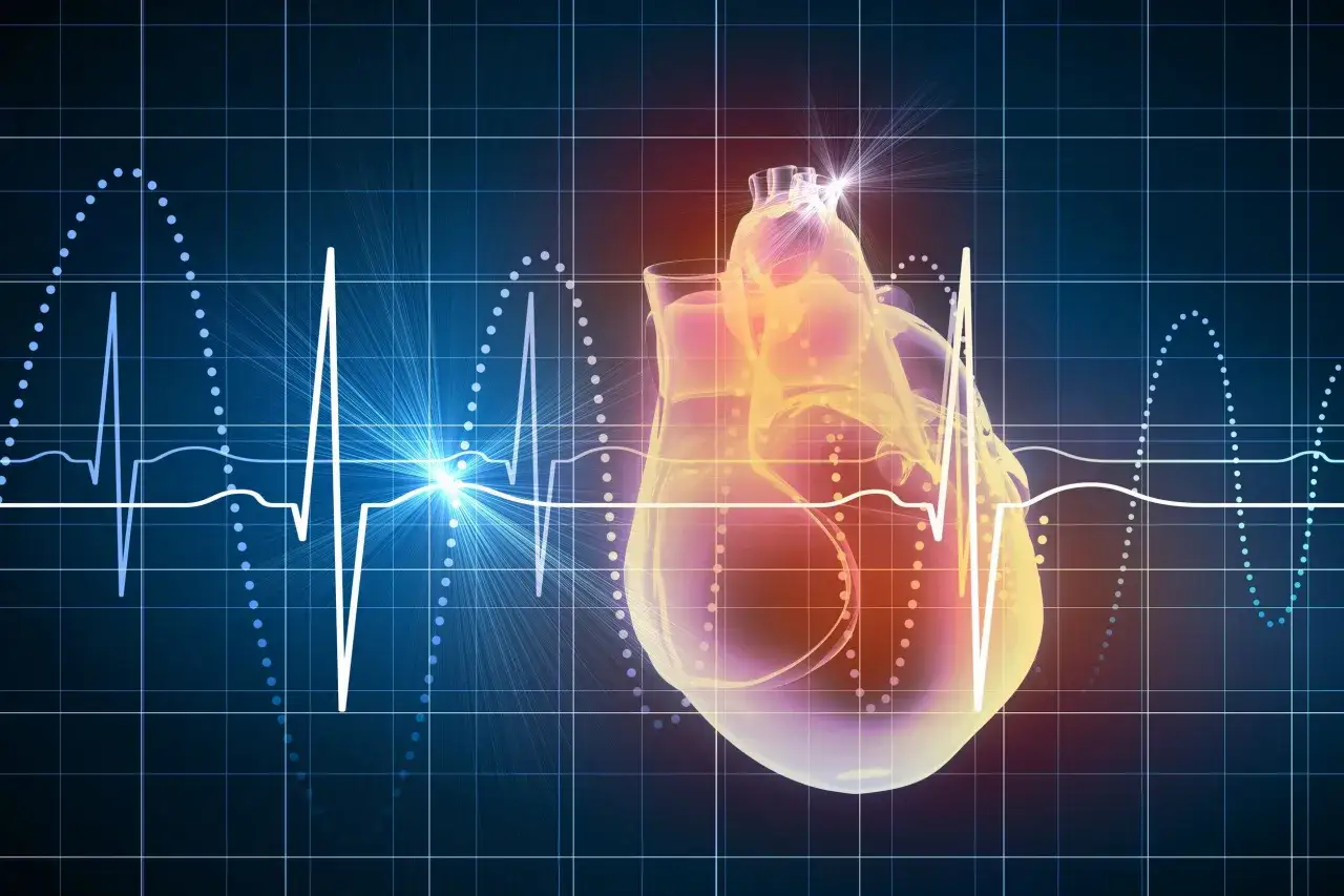 Badanie homocysteiny: EKG i serce na tle wykres&oacute;w.