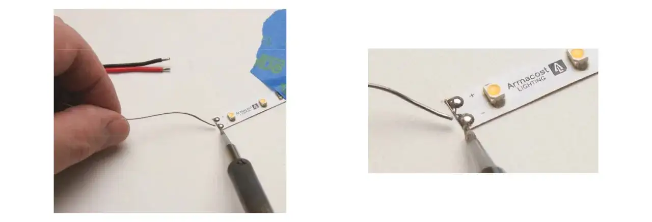 Pokazano, jak lutować ledy. Dłoń trzyma przewód, a lutownica łączy go z taśmą LED.