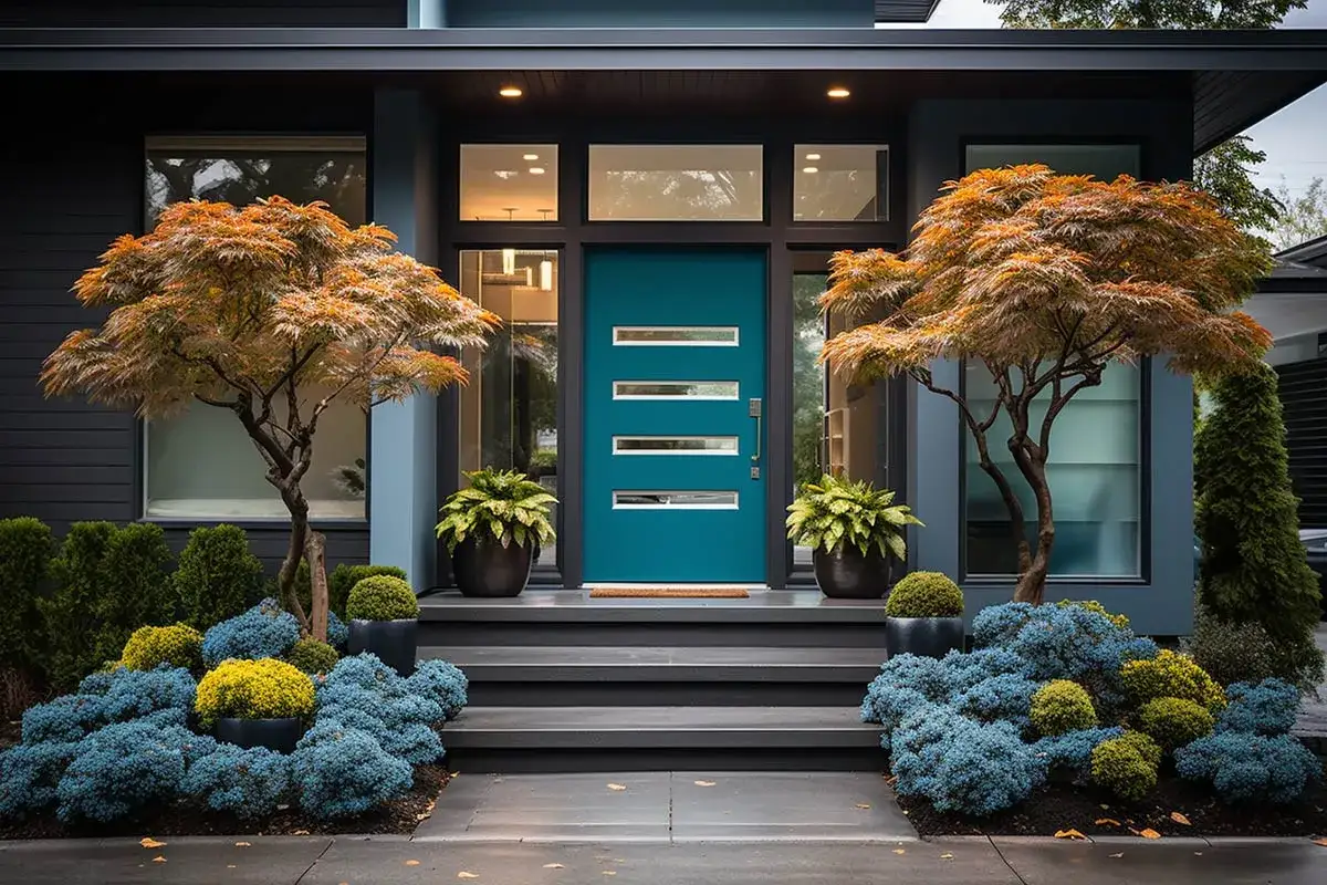 Piękne, nowoczesne drzwi wejściowe niebieskie z poziomymi przeszkleniami, otoczone jesiennymi klonami i bujną zielenią.