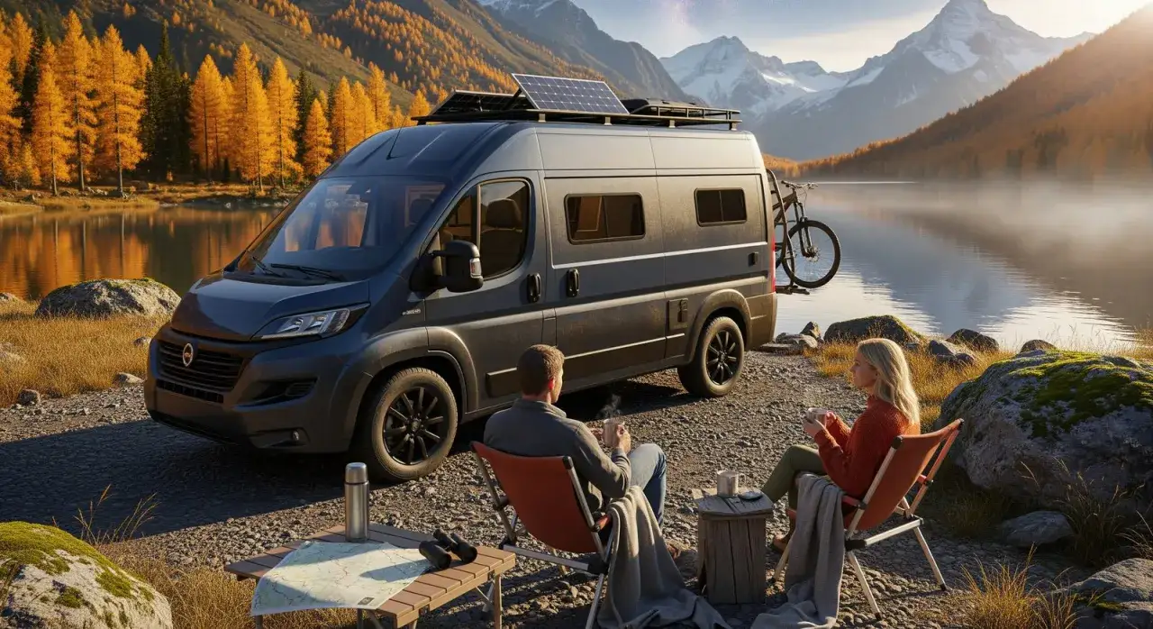 Para zrelaksowana przy kamperze kat c, nad jeziorem, w otoczeniu jesiennych drzew i g&oacute;r.