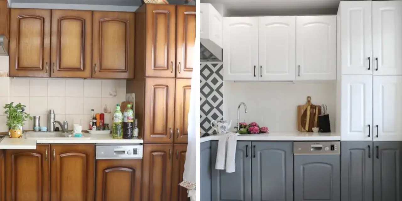 Kuchnia przed i po metamorfozie: stare, brązowe meble zamieniono na nowoczesne, biało-szare.