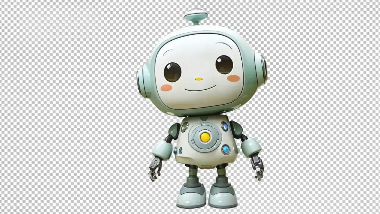 Uroczy robot z wielkimi oczami, idealny do wykorzystania w aplikacji do usuwania tła.