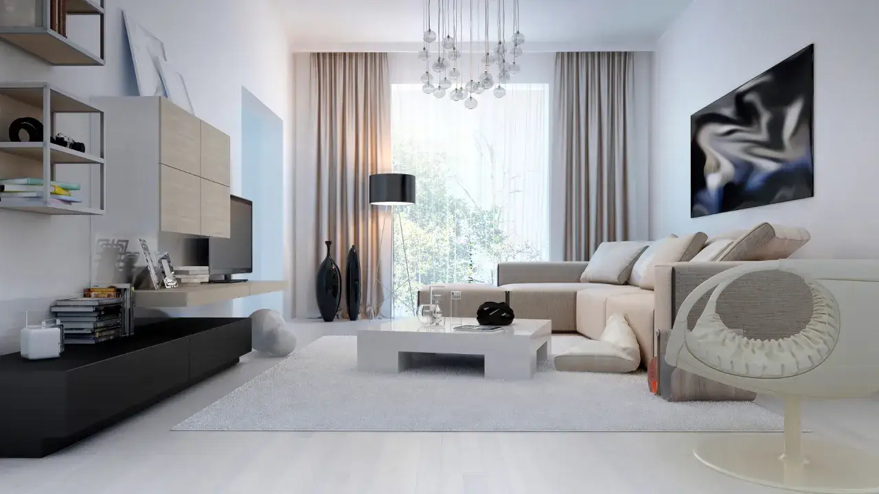 Jasny salon dodatki tekstury czarne akcenty