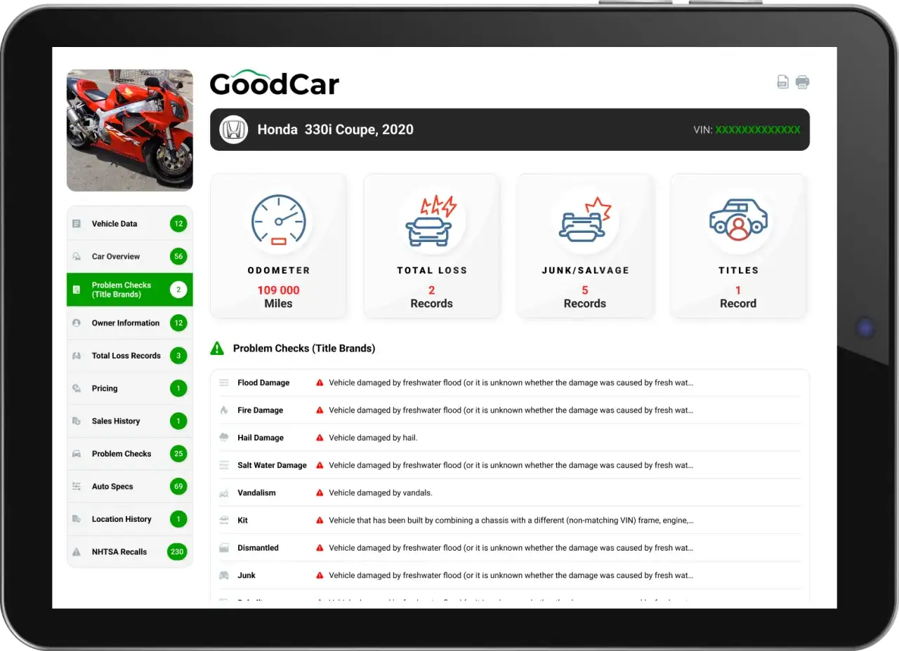 Raport GoodCar dla Hondy 330i Coupe, 2020. Sprawdź przebieg motocykla, uszkodzenia i historię.