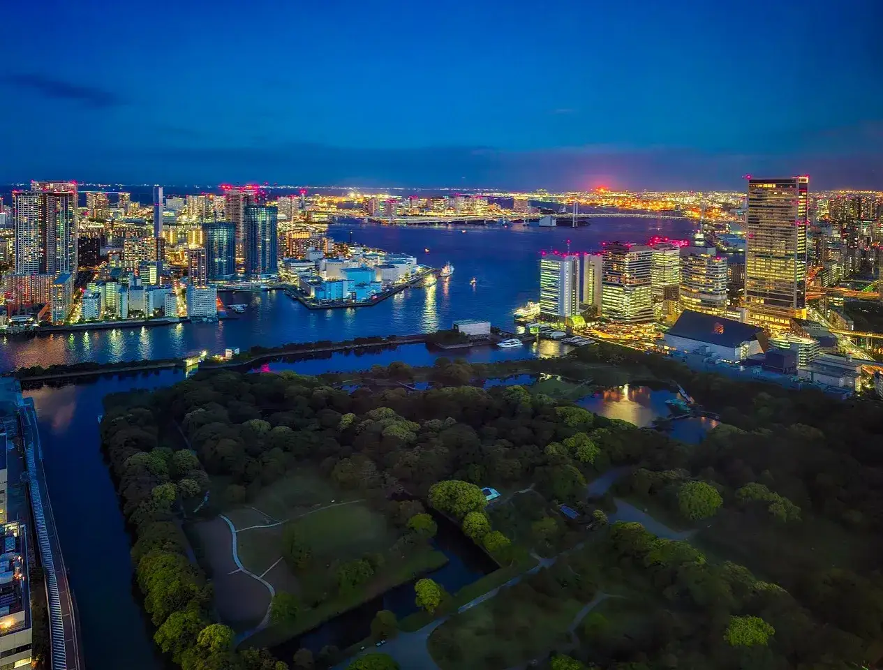 Wieczorny widok na Tokio. W oddali błyszczące wieżowce i mosty, na pierwszym planie zielony park. Idealne miejsce, by zobaczyć, co w Tokio jest warte uwagi.