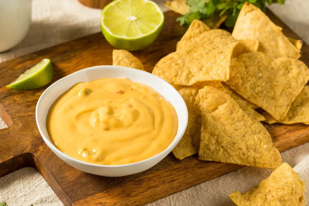 Chrupiące nachos i miseczka kremowego sosu serowego, idealne na imprezę.