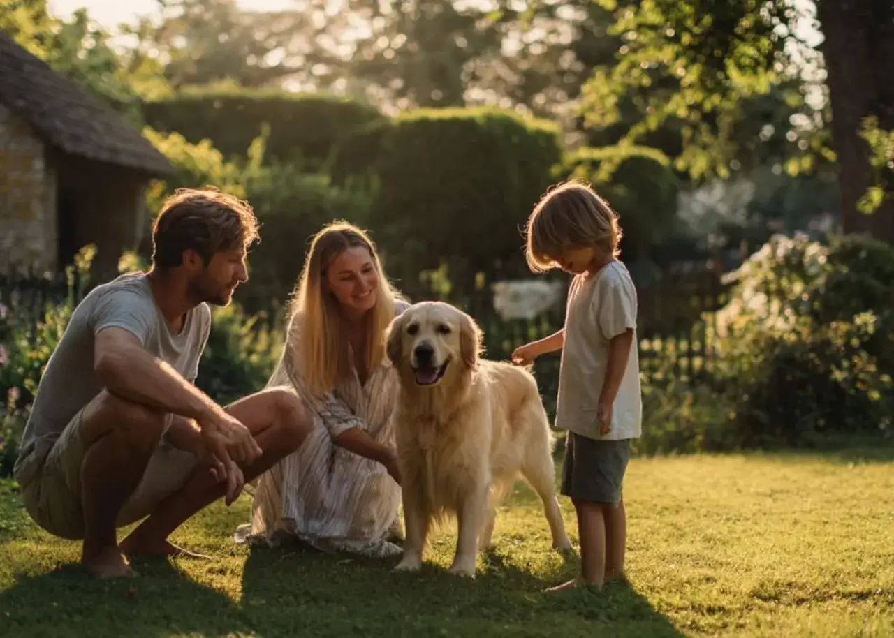 Rodzina z golden retrieverem w ogrodzie. Pies wygląda na szczęśliwego, jakby właśnie dowiedział się, ile szczeniąt w miocie będzie miał jego przyjaciel.
