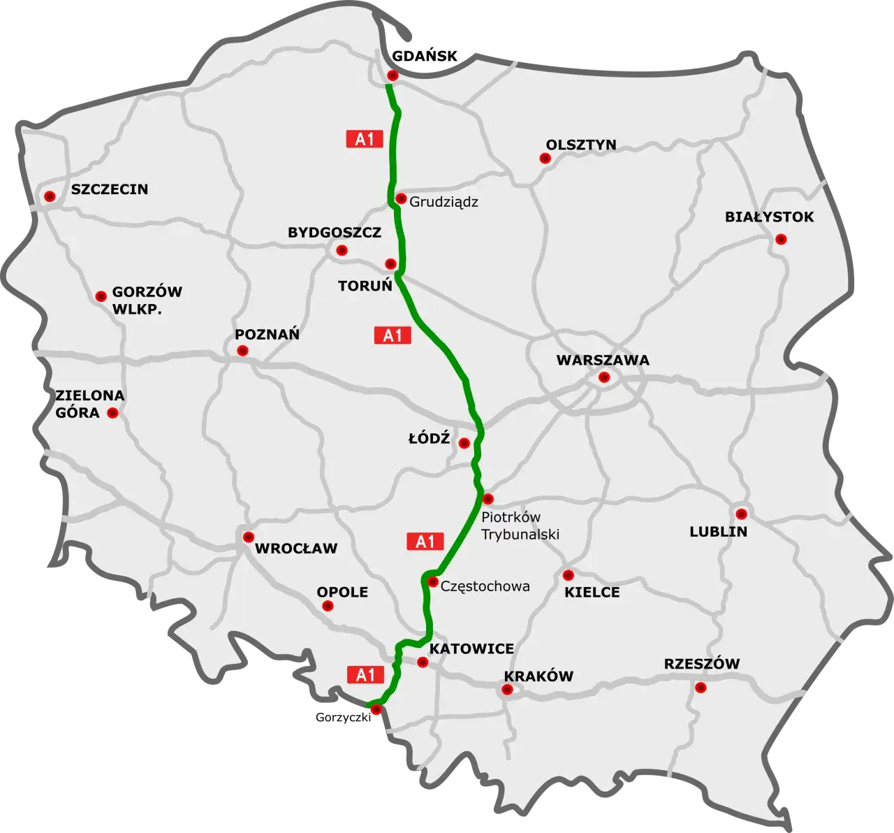Mapa Polski z zaznaczonymi autostradami A1, A2, A4 i lotniskami