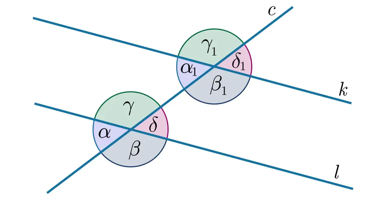Kąty naprzemianległe wewnętrzne na rysunku prostych r&oacute;wnoległych i siecznej