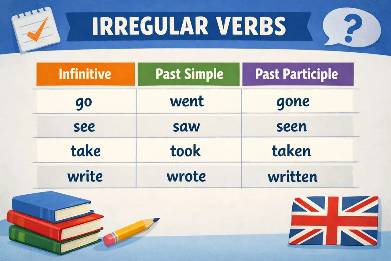 Tabela czasownik&oacute;w nieregularnych: infinitive, past simple, past participle. Dla 