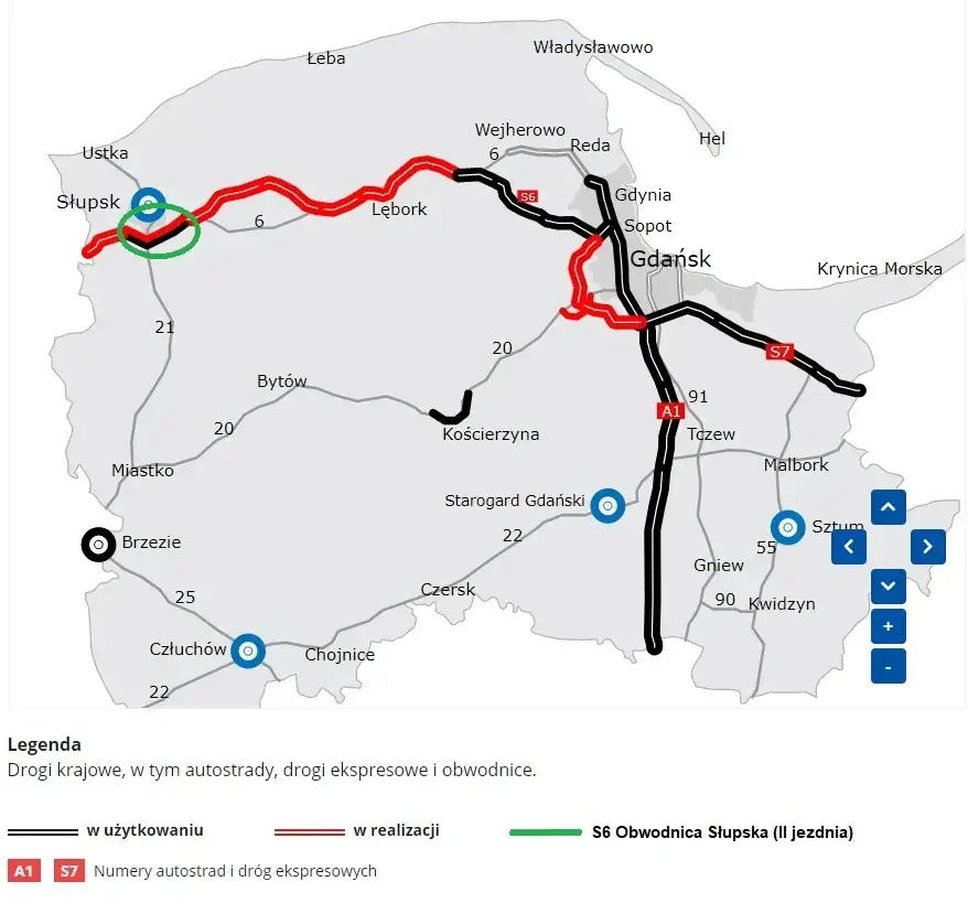 Mapa dojazdu samochodem do Łeby z zaznaczonymi trasami S6 i A1