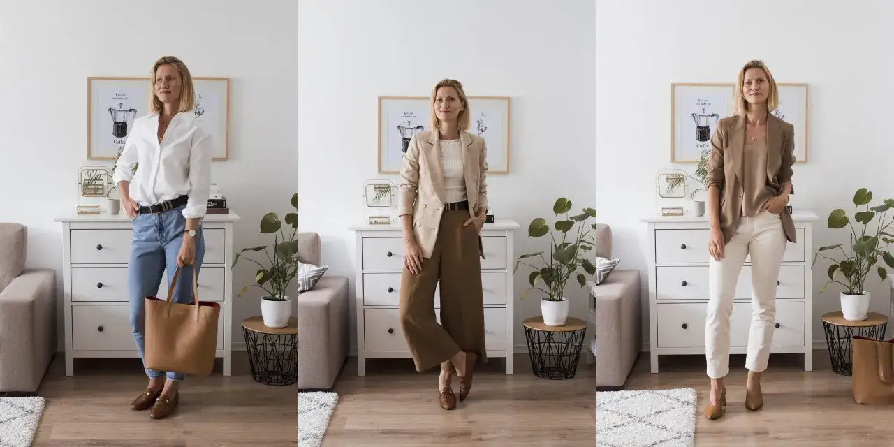 Inspiracje, jak łączyć ubrania w zestawy: biała koszula z jeansami, beżowa marynarka z brązowymi spodniami, brązowa marynarka z ecru spodniami.