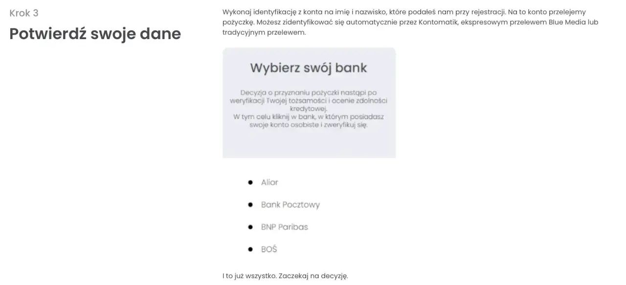 Krok 3: Potwierdź swoje dane. Wybierz swój bank, by zweryfikować tożsamość. Czy Vivigo sprawdza BIK? Tak, ocenia zdolność kredytową.